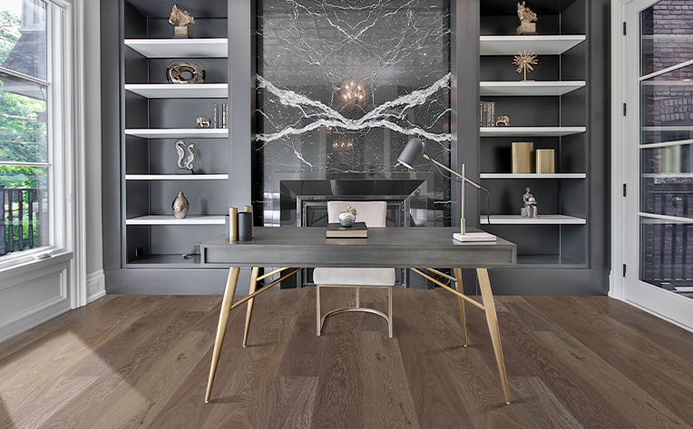 hardwood flooring in monochromatic home office